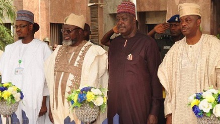 (L-r): Dr. Isa Ali Ibrahim Pantami, Director General of NITDA;  Barrister Adebayo Shittu, minister of Communications, Engr. Babachir David Lawal, secretary to the Government of the Federation, and Bisi Adegbuyi, NIPOST PMG, during the launch of Anti Corruption Stamp Duty at the headquarter of Nigerian Postal Service, Abuja.